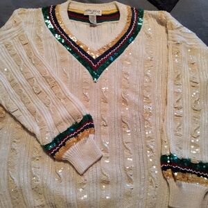 Ivory Sequined V-Neck Cable Knit Sweater with Green and Gold Trim